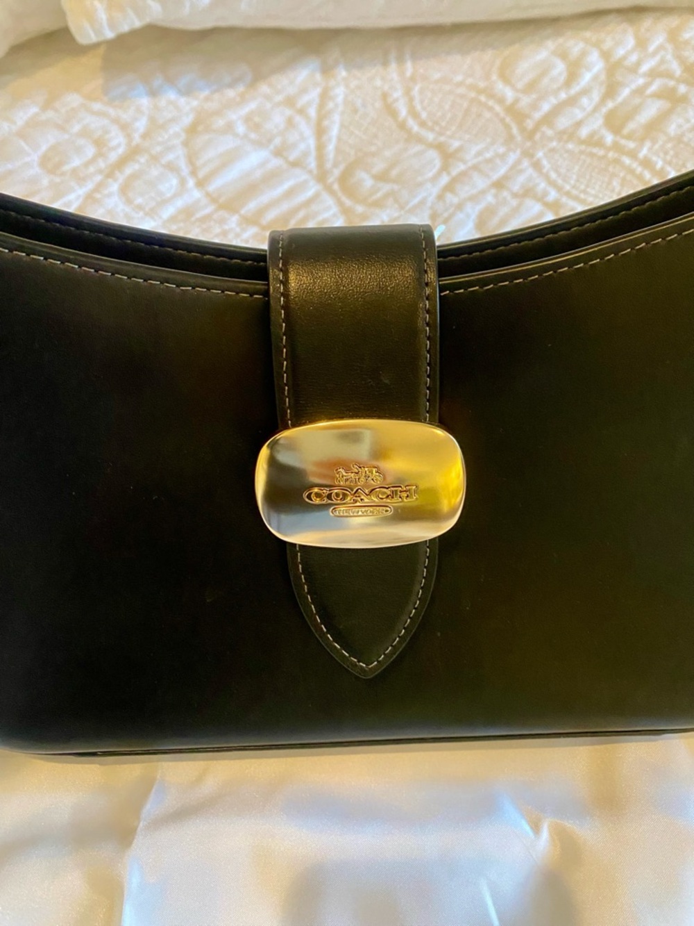 Coach Black Leather Shoulder Bag with Gold-Tone Logo Accent